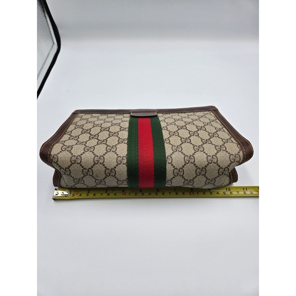 Vintage Gucci Clutch Bag GG Monogram Web Stripe Brown Leather Trim - Picture 2 of 10
